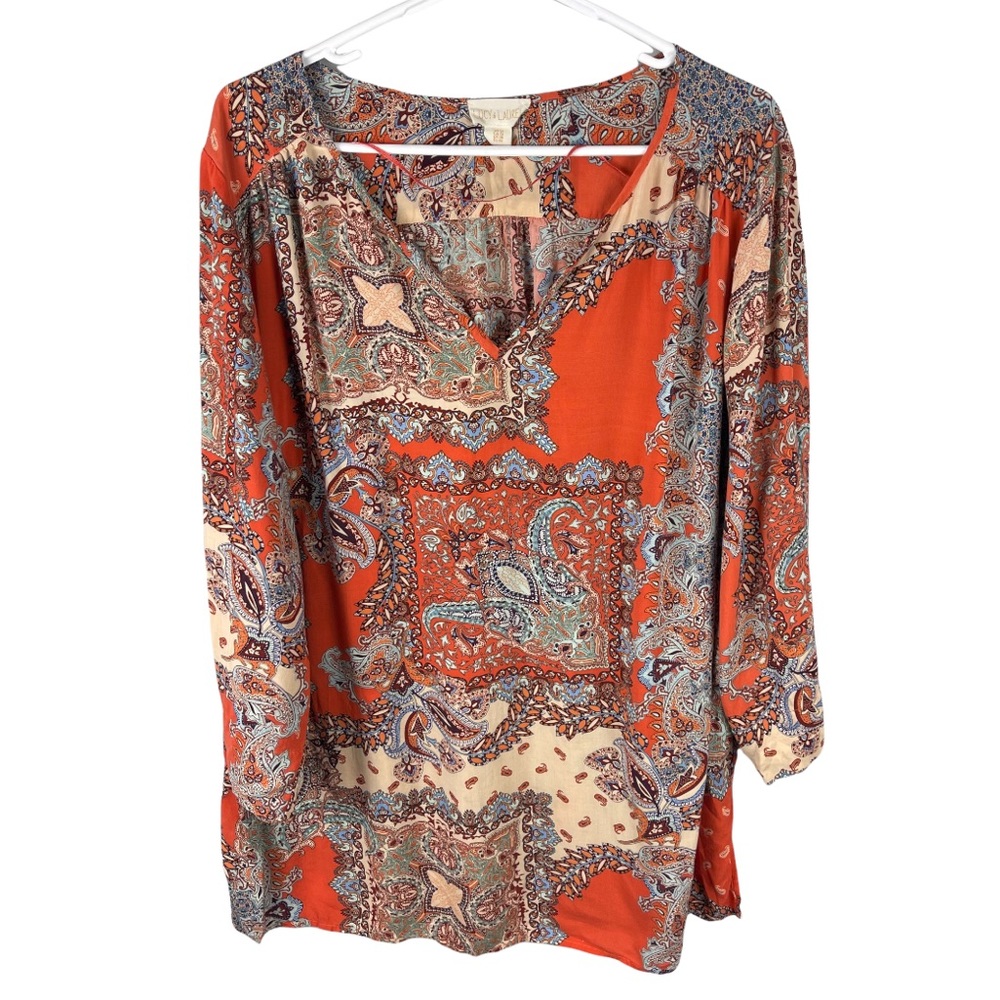 Lucy & Laurel Paisley Print Long Sleeve Popover Blouse Top V Neck Orange sz 1x